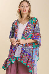 Umgee Full Size Mixed Print Ruffle Hem Open Front Cover Up Plus Size Turquoise OutfitFlow